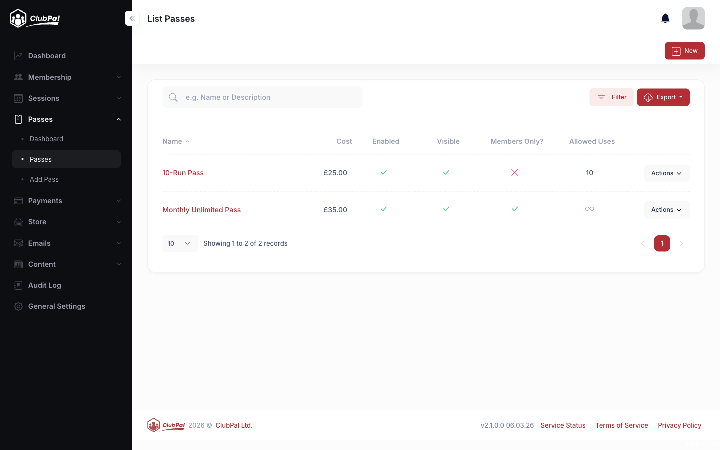 Admin passes list showing pass names, cost, enabled status, visibility, and allowed uses