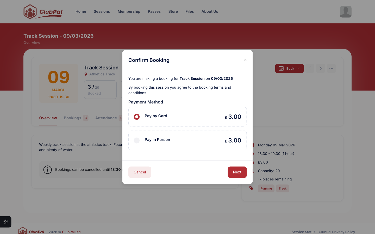 Booking confirmation dialog showing payment method selection for a paid session