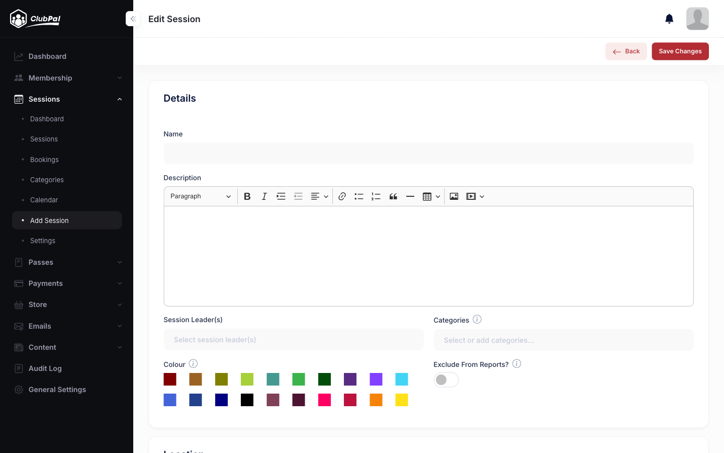 Add Session form showing name, description, session leaders, categories, and colour options
