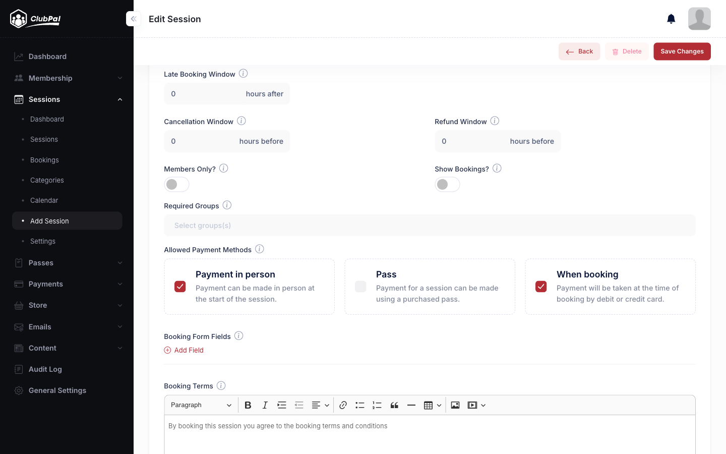 Booking settings showing windows, payment methods, form fields, and booking terms