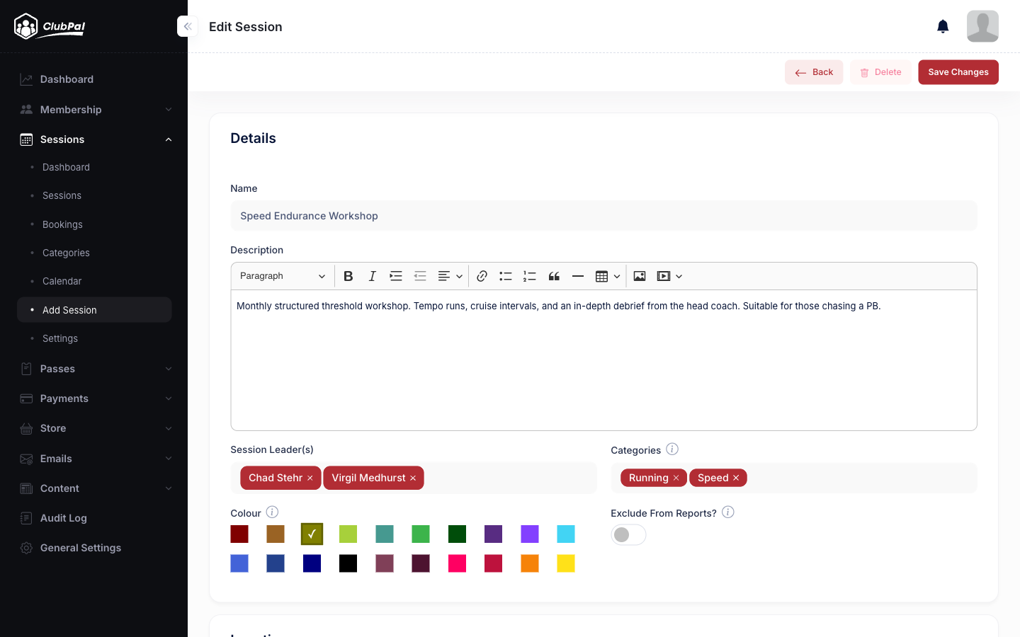 Edit session form showing session name, description, coaches, and categories