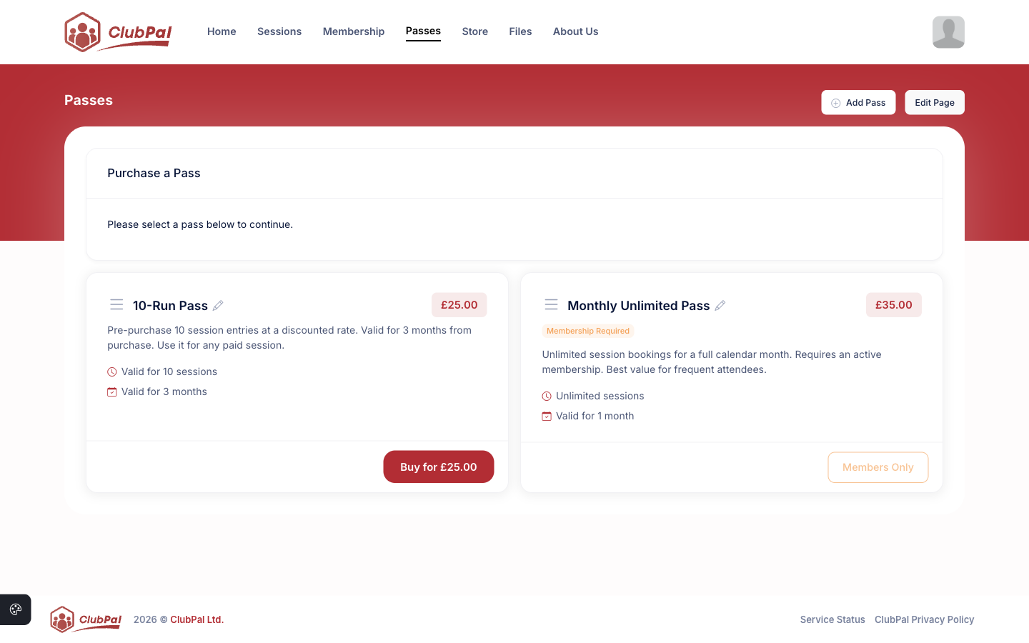 Public Passes page showing available passes with pricing, description, and Buy button