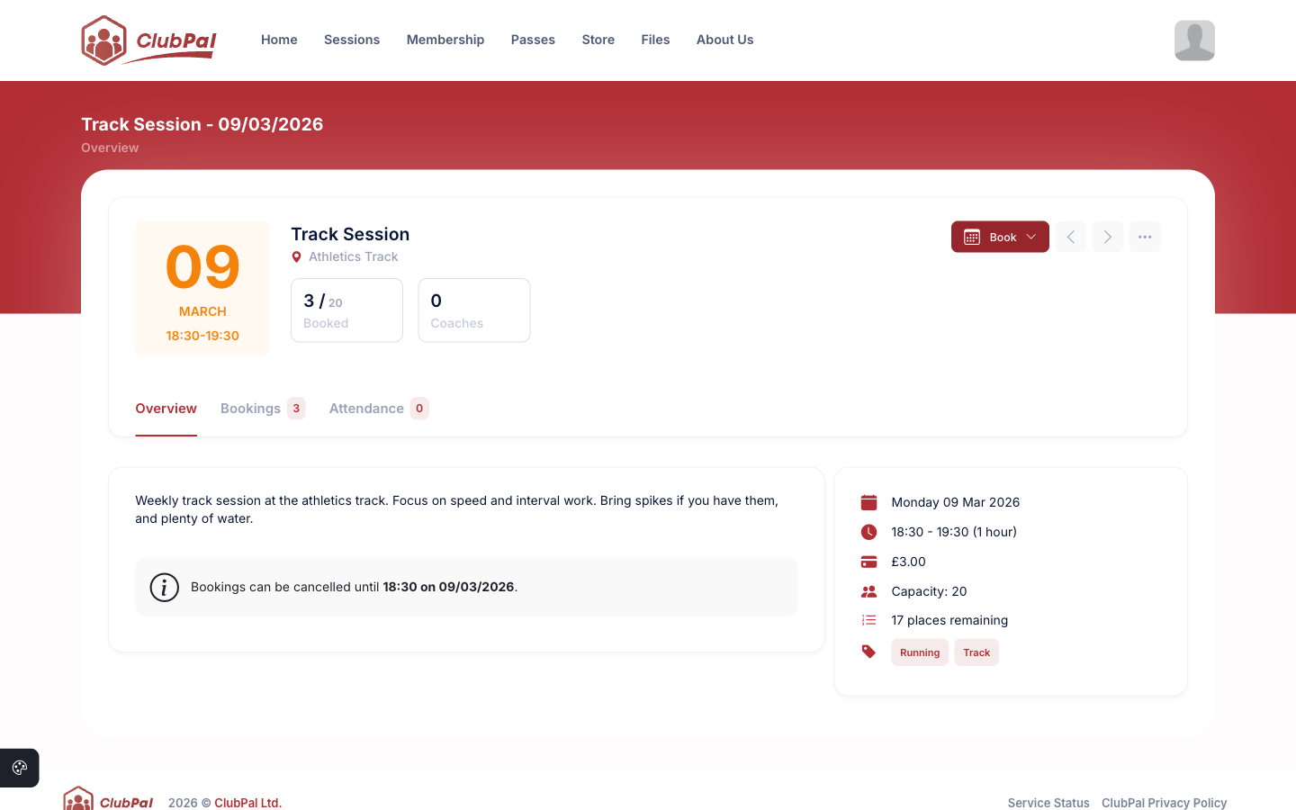 Session details page showing the Book button, capacity, and session information