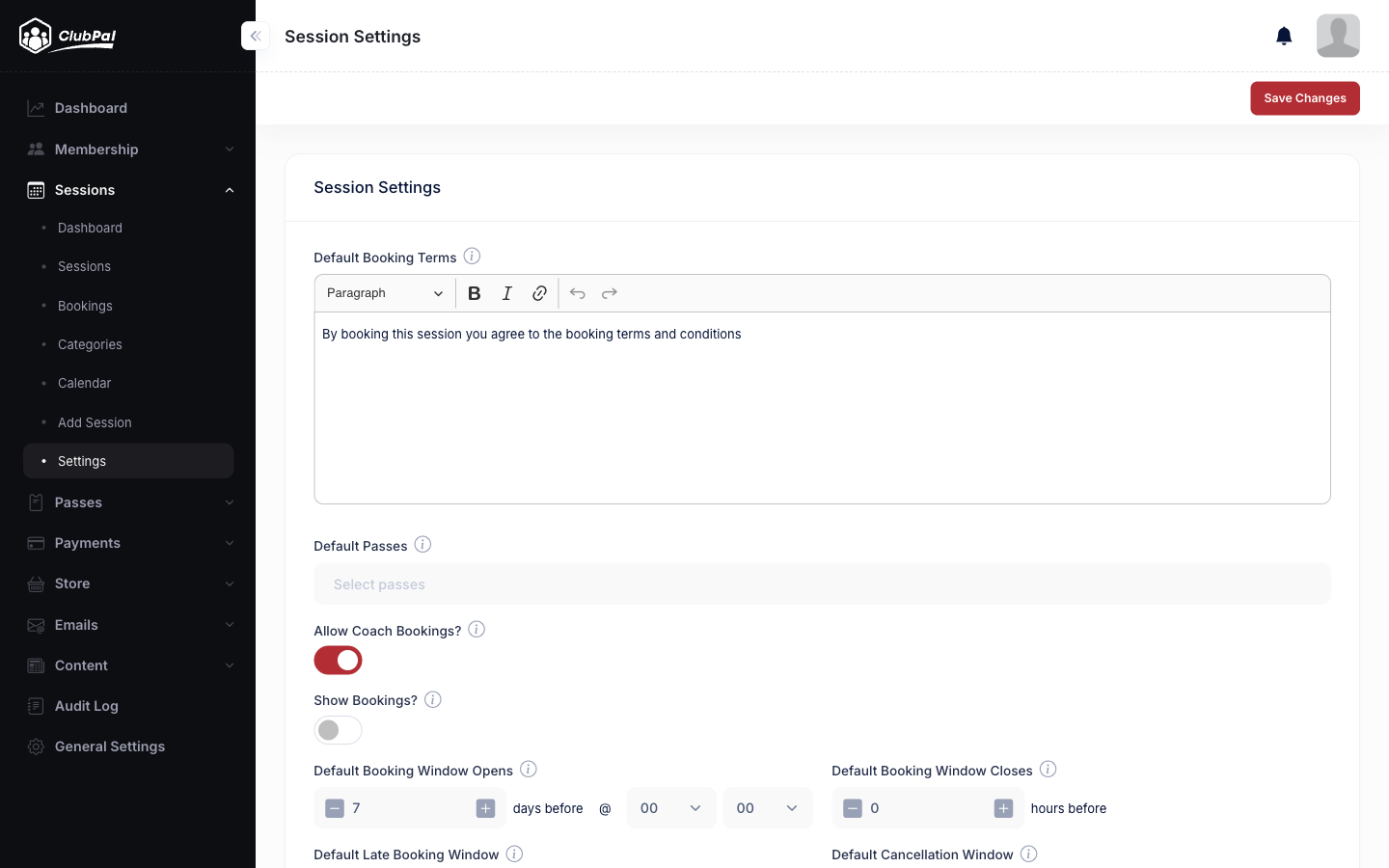 Session Settings page showing default booking terms, passes, coach bookings, and booking window configuration